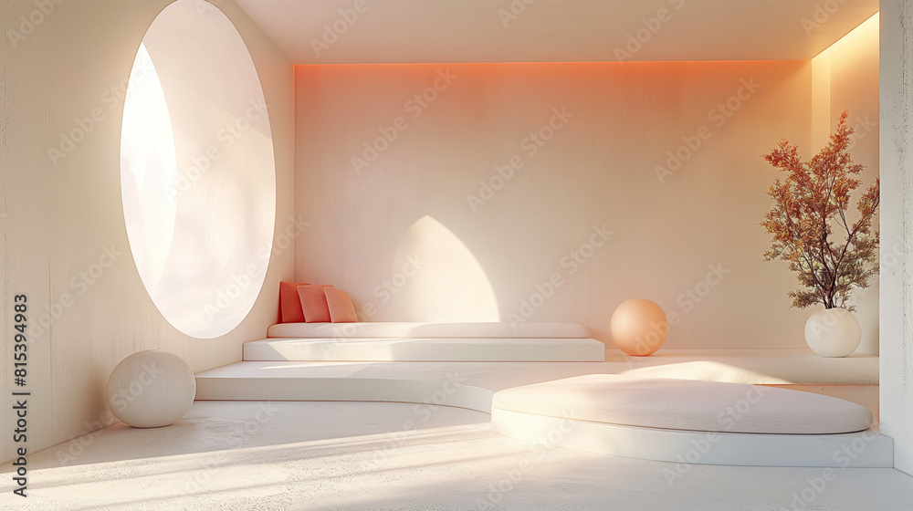 The pink and white podium with a plant and geometric shapes in the background.