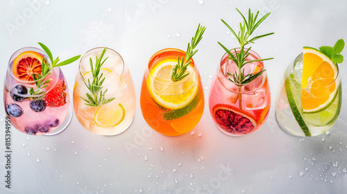 Gin tonic cocktails in wine glasses on bar counter in pup or restaurant, Five colorful gin tonic cocktails on bar, Cocktail Drink In Bar Close Up, Generative Ai