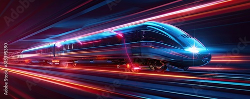 A hyper-realistic digital illustration of a futuristic high-speed train with motion blur effect, conveying speed and technology