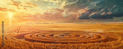 aerial view of a complex crop circle design etched into a vast wheat field, evoking intrigue and wonder photo