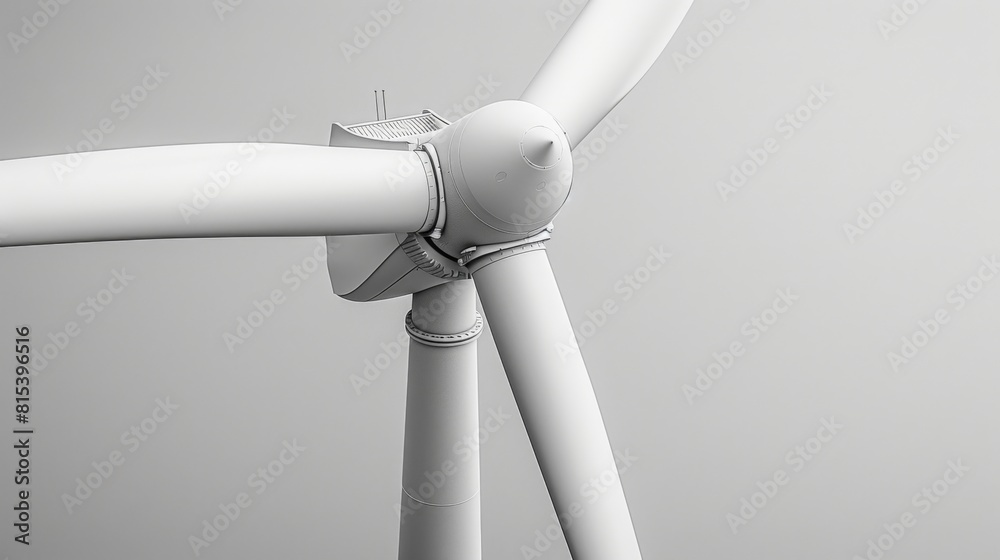 Close-up of a modern wind turbine against a gray background, focusing on its sleek, minimalist design and the engineering precision of renewable energy technology. Close-up of a modern wind turbine against a gray background, focusing on its sleek, minimalist design and the engineering precision of renewable energy technology.