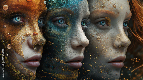 Three-quarter view of three women's faces with blue eyes and gold and silver glitter on their skin.