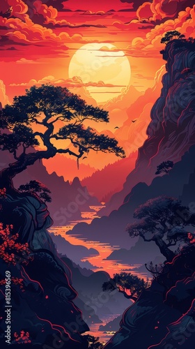 The image is a beautiful landscape painting of a sunset over a mountain range