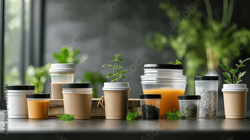 Various herbs and spices in glass and paper containers on a table. photo