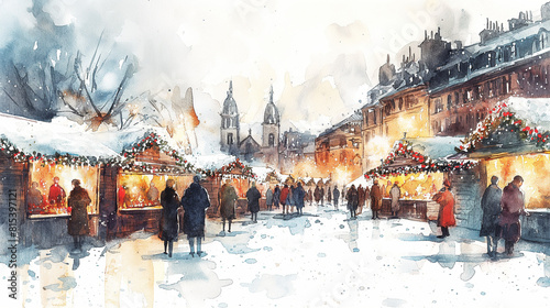 watercolor painting of a Christmas market in a European city