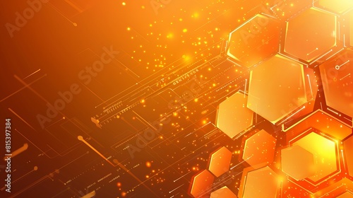 A stock vector featuring an abstract, orange-colored technological background with hexagons