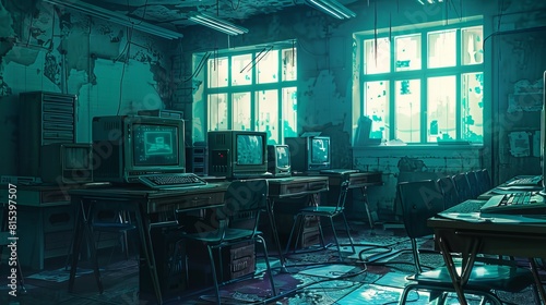 An artistic depiction in the Baroque style of a cyberpunk classroom