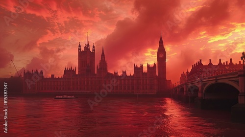 The City of London is flooded, with the Parliament House under a red morning sky © Yusif