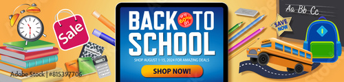 Back to School Icons. Banner for Sales Promotion with an Exciting Layout. School Supplies, Chalkboard, School Bus, Books, Pencils and Markers. Vector Illustration.