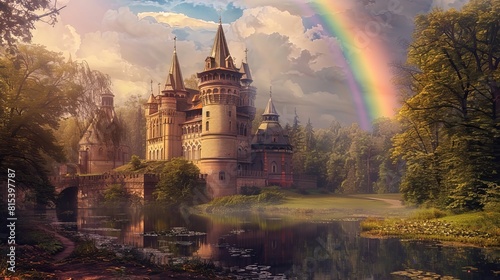 A photo of hieroglyphs depicting a fairytale Russian-style castle in summer with a rainbow