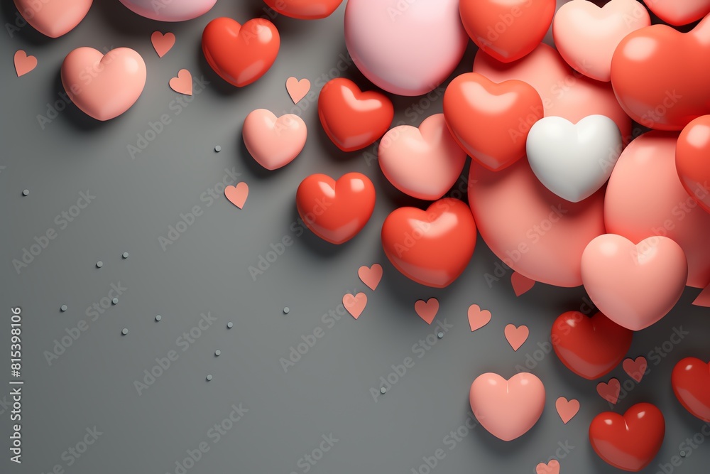 This is an image of a lot of pink and red hearts on a grey background. The hearts are all different sizes and shades of pink and red.