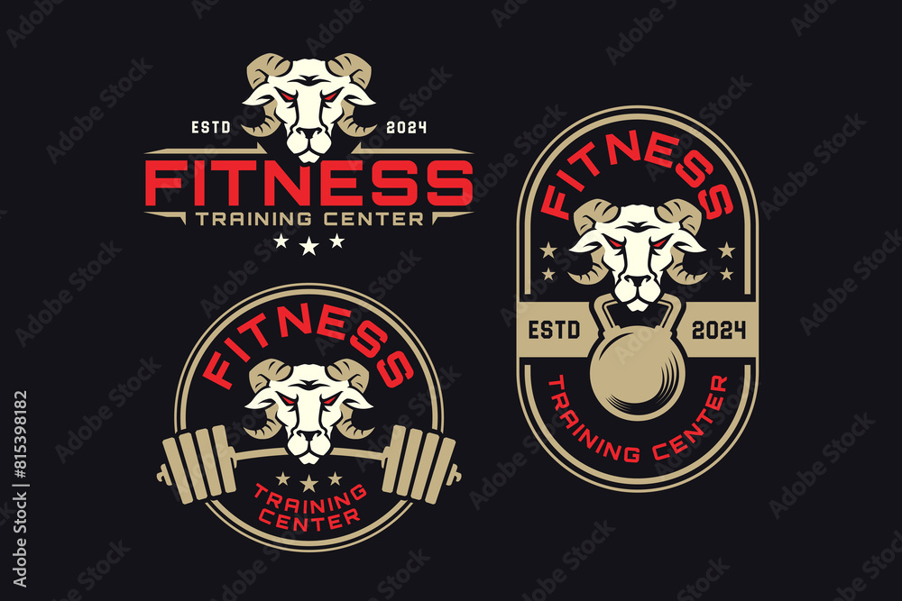 Fototapeta premium goat with barbell and kettlebell logo design for fitness, gym, bodybuilding, weightlifting club