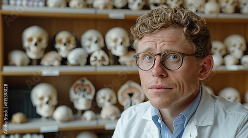 A man in a lab coat standing in front of a display of skulls, examining them for research purposes