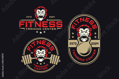 wild ape or kong with barbell, kettlebell logo design for fitness, gym, bodybuilder, weightlifting