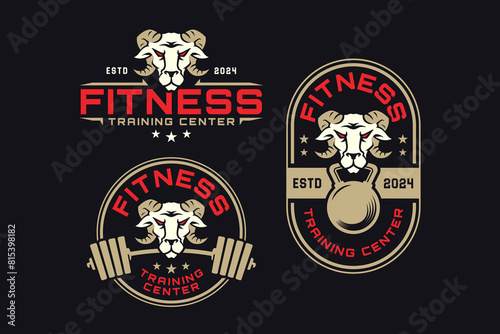 goat with barbell and kettlebell logo design for fitness, gym, bodybuilding, weightlifting club