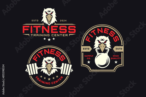 eagle with barbell and kettlebell logo design for fitness, gym, bodybuilding, weightlifting club