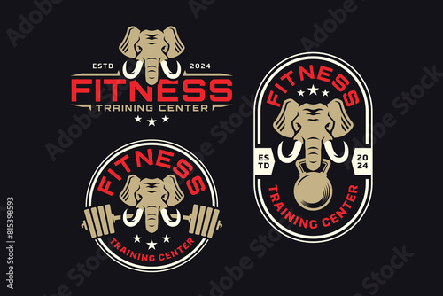 elephant with barbell and kettlebell logo design for fitness, gym, bodybuilding, weightlifting club