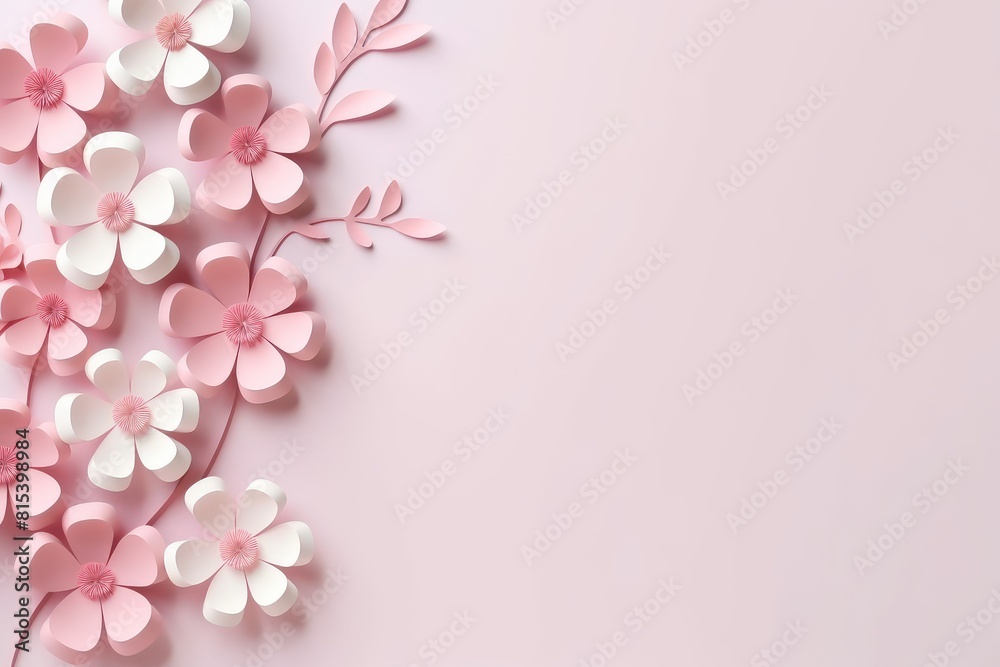 Pink flowers and leaves cut out of paper. Flower banner, poster, template with copy space. Pink flowers and leaves cut out of paper. Flower banner, poster, template with copy space.