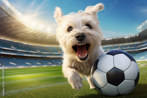 A dog with a soccer ball on the football field, playing football at the stadium.