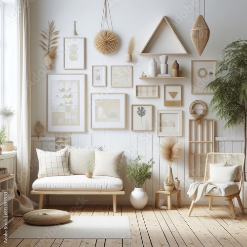 Room with a template mockup poster empty white and With Couch And Plants image realistic attractive.