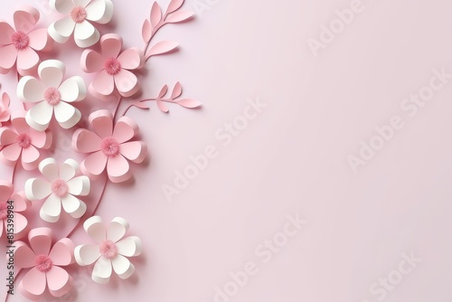 Pink flowers and leaves cut out of paper. Flower banner, poster, template with copy space. 