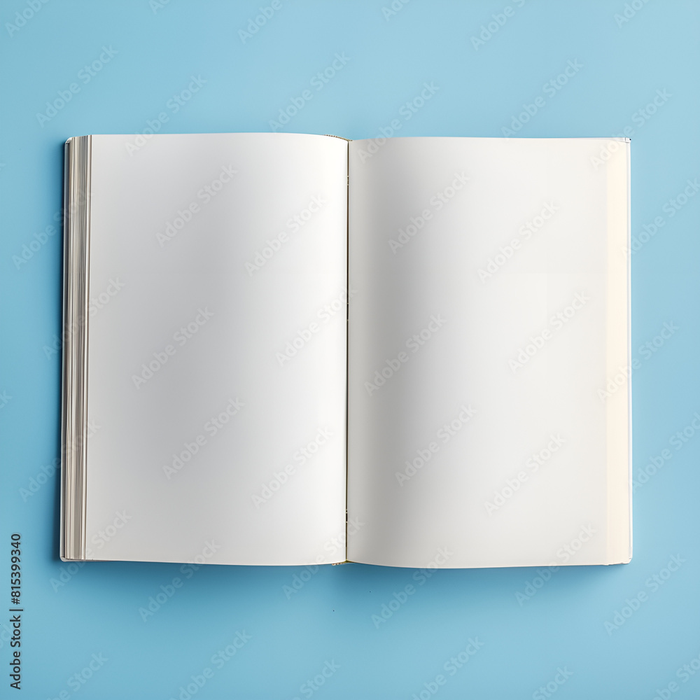 Open book, blank page, top down view, flat background Open book, blank page, top down view, flat background