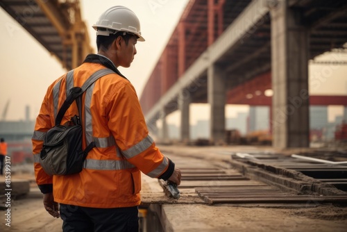 Asian male foreman checking construction of roads and bridges for city infrastructure photo