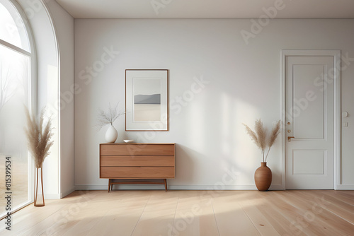 White empty minimalist room interior with door, dresser, vase on a wooden floor, decor on a large wall, white landscape in window. Background interior. Home nordic interior. 3D illistration photo