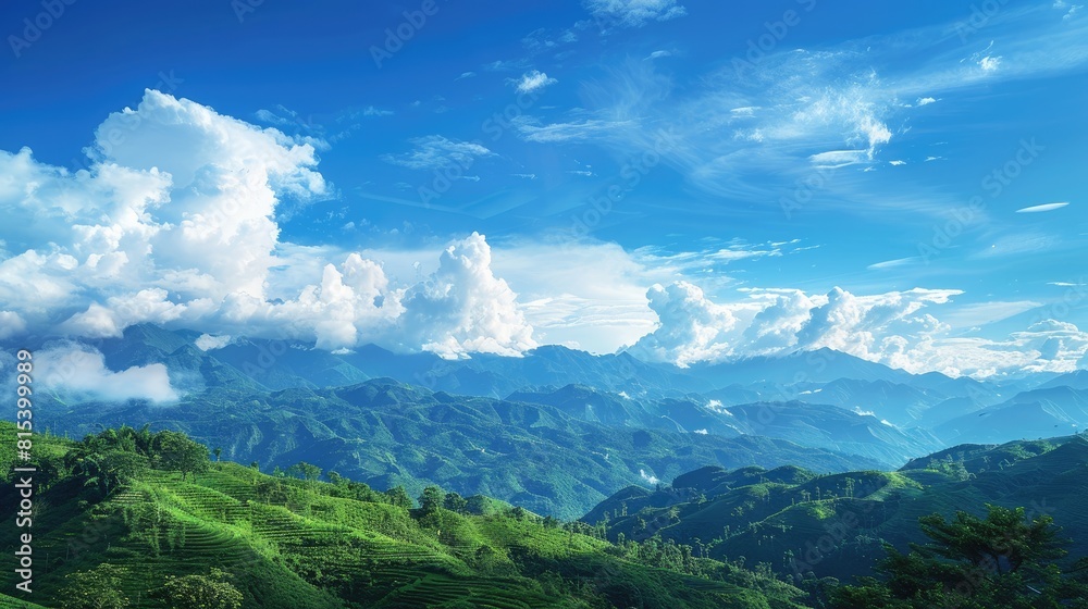 Under the vast expanse of a clear blue sky the verdant mountains stand in a breathtaking display adorned with fluffy white clouds embodying the essence of World Environment Day Under the vast expanse of a clear blue sky the verdant mountains stand in a breathtaking display adorned with fluffy white clouds embodying the essence of World Environment Day