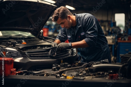 Male car mechanic repairing broken car engine in workshop garage