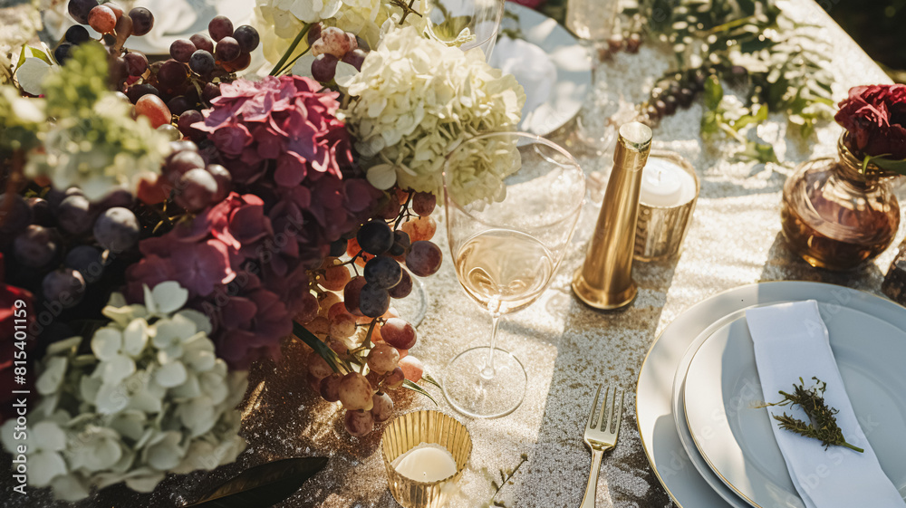 Wedding or formal dinner holiday celebration tablescape with hydrangea flowers in the English countryside garden, table setting and wine, floral table decor for family dinner party, home styling