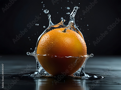 A juicy orange slice splashes into clear water, sending bubbles rising to the surface