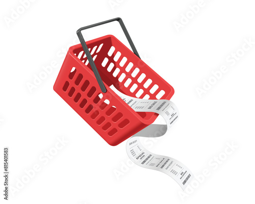 vector illustration features red shopping basket used in supermarket with a detailed, lengthy receipt or invoice paper extending from it, vector 3d isolated for e commerce, online shopping concept
