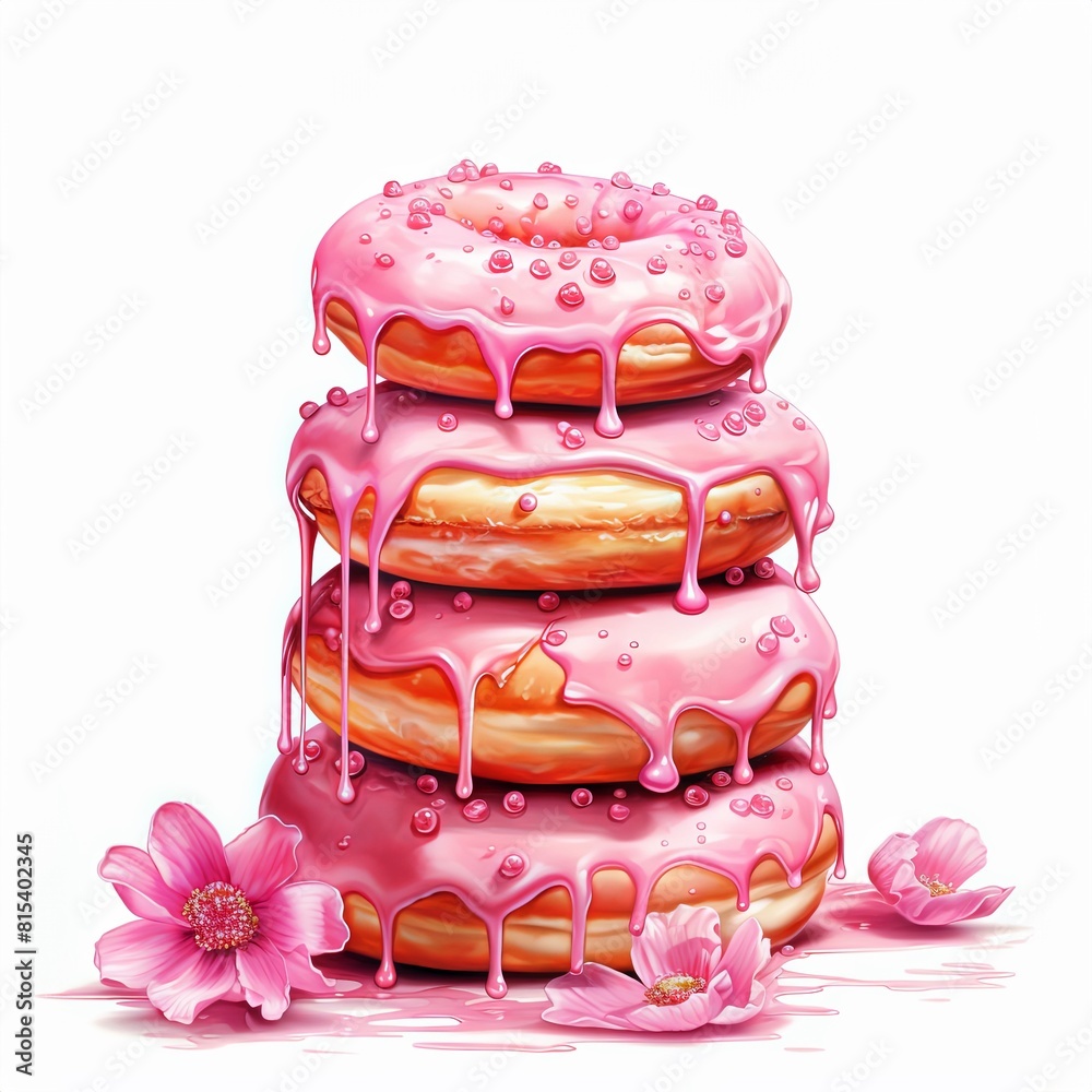 Hyper-realistic watercolor illustration of a towering stack of donuts, each dripping with pink glaze, complemented by delicate floral accents.