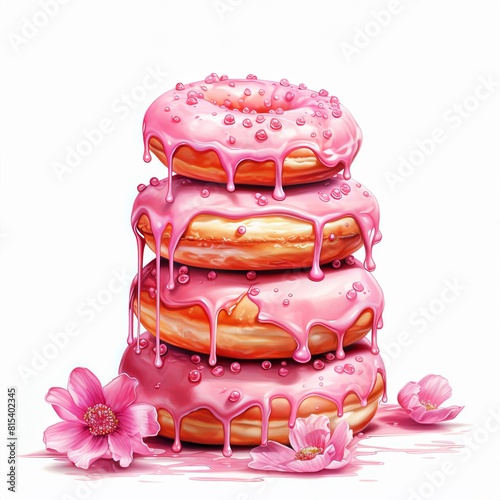 Hyper-realistic watercolor illustration of a towering stack of donuts  each dripping with pink glaze  complemented by delicate floral accents.