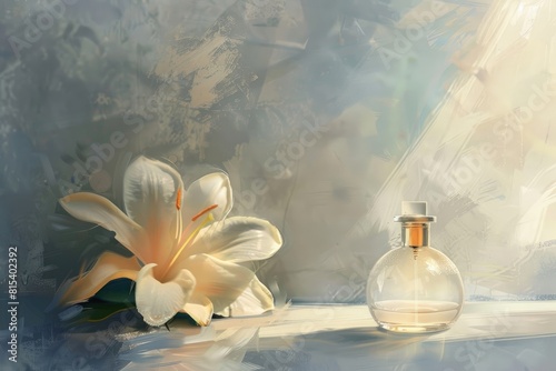 an empty white perfume bottle next to a flower