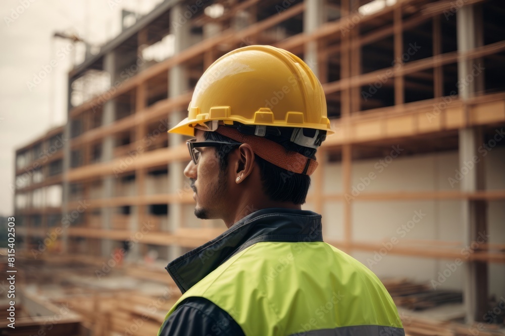 back view construction engineer wearing hat and safety suit at construction building site back view construction engineer wearing hat and safety suit at construction building site
