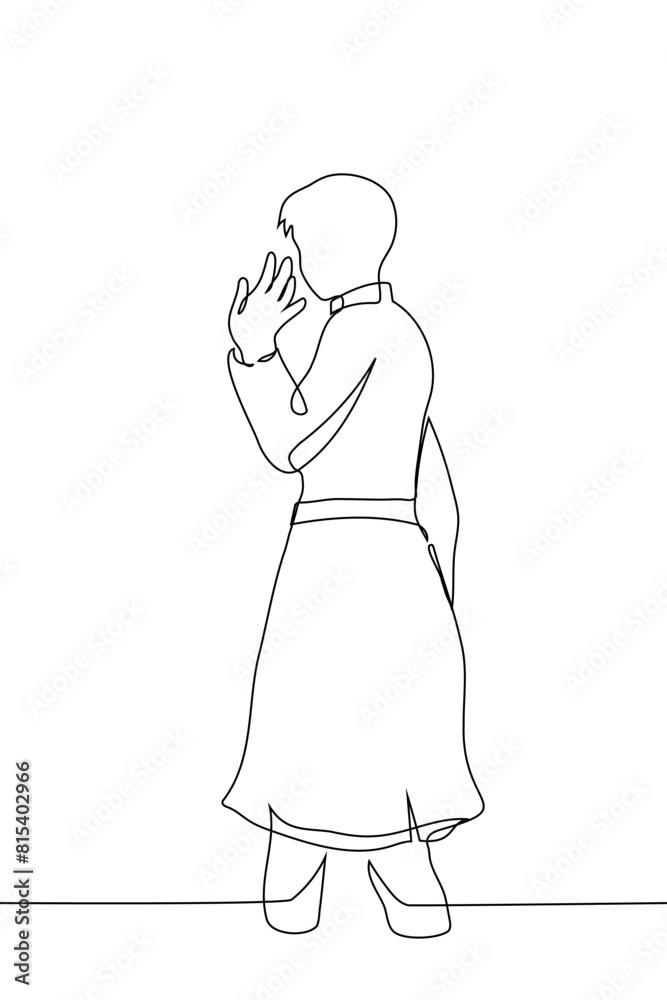 woman silhouette in a fitted raincoat with short hair - one line art vector. concept of female star waving