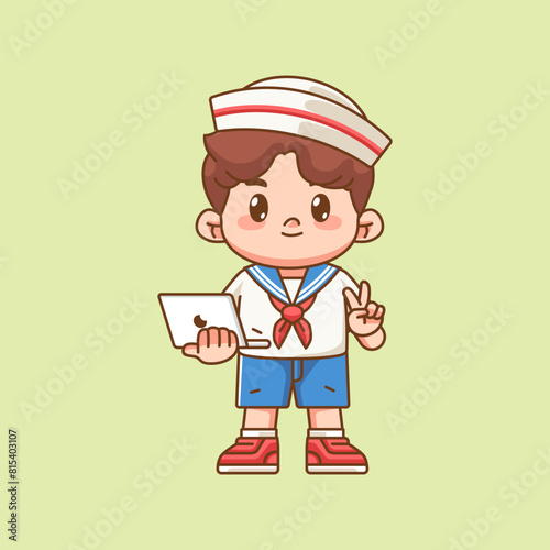 Cute boy wear sailor uniform hold laptop kawaii chibi character mascot illustration outline style design
