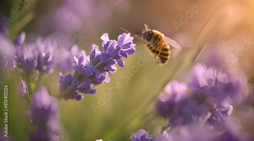 bee on lavender. Extracting honey on the flower field