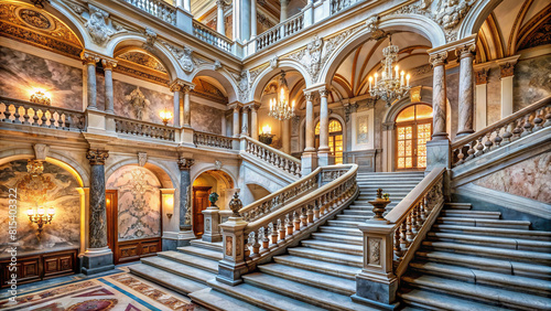 A breathtaking view of a marble staircase in a centuries-old palace  highlighting exquisite craftsmanship and classical beauty.