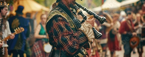 Man playing bagpipes at a historical market event, with onlookers