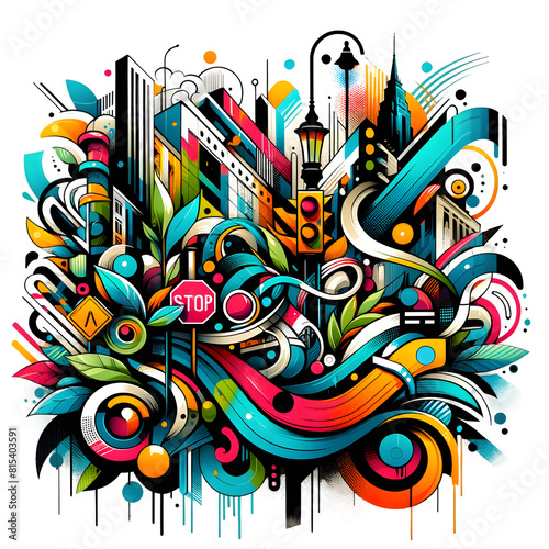 dynamische Graffiti-Illustration, geprägt von lebhaften Farben und kühnen Linien, die das urbane Flair einfangen photo