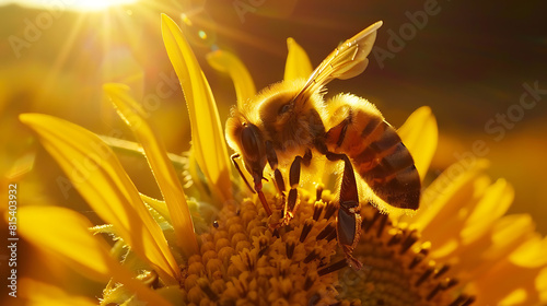 Close-up shot of a bee clinging to a yellow flower with warm sunlight in the background. © AnniePatt