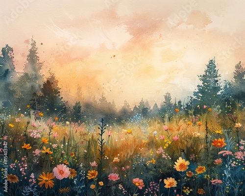 A watercolor scene of a peaceful  flowering meadow at golden hour  with soft colors and natural elements blending into the background Generative AI
