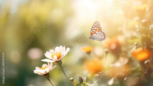 Beautiful Monarch butterfly feeding on flower in the morning of spring season. Nature concept with copy space and blurry background. © Nilla
