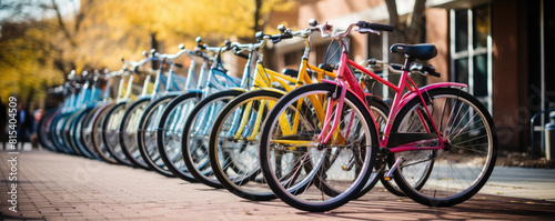 colorful bicycles parked along a city street, presenting urban mobility and an eco-friendly lifestyle.