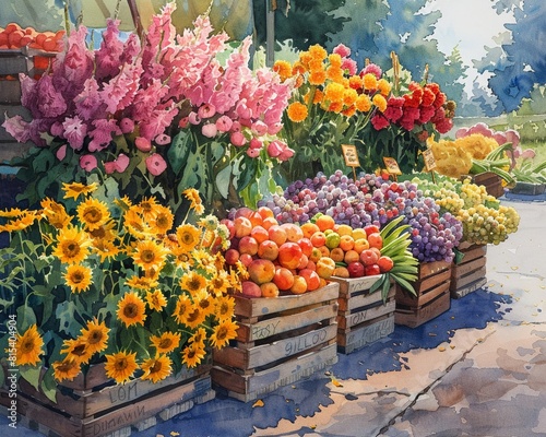 A watercolor scene of a vibrant farmers market with fresh flowers and produce, set against a bustling, natural background Generative AI
