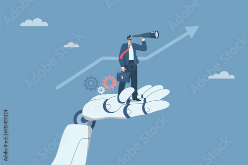 Artificial intelligence supports business success, AI, Robot work with company personnel, Promotion of modern technology innovation in organization, Businessman using binoculars on the robot hand.