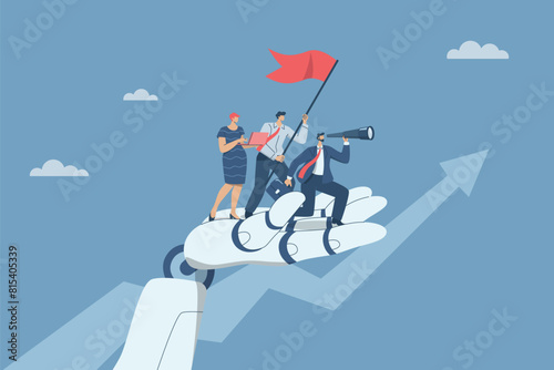 Artificial intelligence supports business success, AI, Robot work with company personnel, Promotion of modern technology innovation in organization, Business team working with robot hands.
